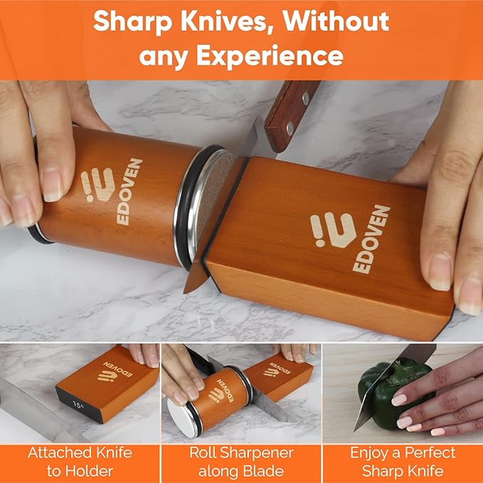 Rolling Knife Sharpener Kit - Beech Wood Magnetic Rolling Sharpener for Knives with 15 & 20 Degree Angles - Elegant Gift for Chefs & Cooks - Knife Sharpening Kit for Kitchen & Pocket Knives