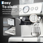 Garvee 20 Bar Pressure Stainless Steel Espresso Machine with Grinder, 2.8L Removable Water Tank, Milk Frother Steam Wand for Latte/Cappuccino - Adjustable Shot Volume, Professional Home/Office Use