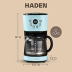 Haden Coffee Machine, 12 Cup Programmable Drip Coffee Maker with Auto Shut-Off Function and Reusable Washable Water Filter, Turquoise & Chrome
