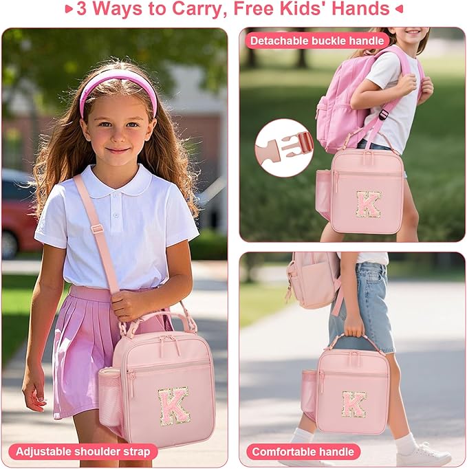 Initial Insulated Lunch Bag for Girls Kids, Back to School Gift, Reusable Leak-proof Lunch Box with Adjustable Strap for School Daycare Travel Picnic (Pink,K)