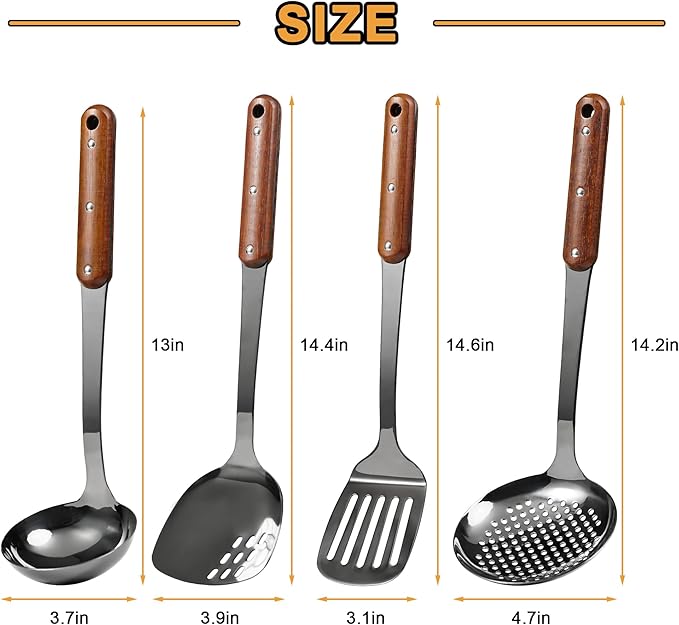 FJNATINH Stainless Steel Wok Spatula,Slotted Spatulas,Ladle,Skimmer Ladle Tool Set,Mirror Polished Cooking Utensils Kitchen Cookware, Pack of 4,Black