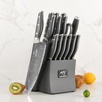 NF NANFANG BROTHERS Damascus Kitchen Knife Set, 16-Piece with Block, ABS Ergonomic Handle, Carving Fork, Disconnect-type Knife Block (Gray)
