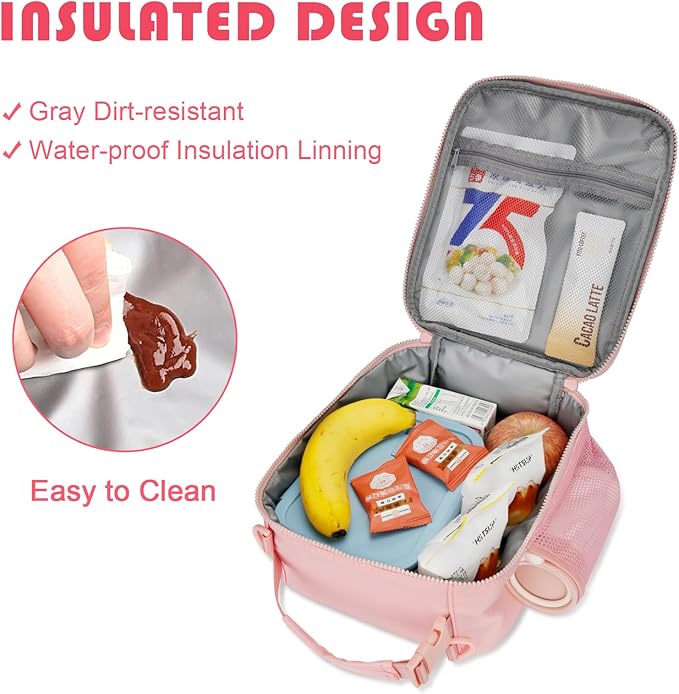 Initial Insulated Lunch Bag for Girls Kids, Back to School Gift, Reusable Leak-proof Lunch Box with Adjustable Strap for School Daycare Travel Picnic (Pink,L)
