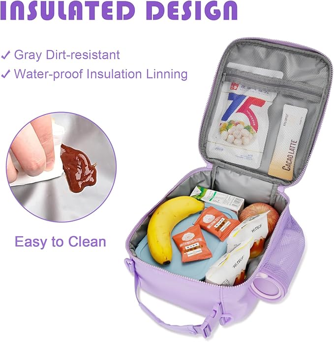 Initial Insulated Lunch Bag for Girls Kids, Back to School Gift, Reusable Leak-proof Lunch Box with Adjustable Strap for School Daycare Travel Picnic (Purple,I)