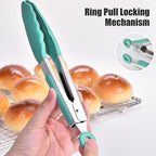 Doosu Kitchen Tongs for Cooking - 600°F Heat Resistant Food Tong with Non-Scratch Silicone Tips, Heavy Duty Stainless Steel Locking Tong for BBQ, Grilling Steak, Serving Salad, Pasta (7in, Aqua Sky)
