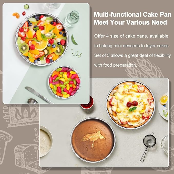 Homikit Round Cake Pan Set of 3, 8 Inch Stainless Steel Layer Cake Tins for Baking, Mirror Finish Bakeware for Wedding Birthday Baby Shower Party, Oven & Dishwasher Safe