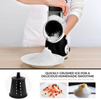 SUSTEAS Rotary Cheese Grater with Handle,Vegetable Slicer with 6 Interchangeable Blades, Reinforced Suction,Easy to Clean,Kitchen Shredder for Crushed Ice,Fruits and Nuts with Blade Storage Case,Black