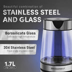 Elite Gourmet EKT602X Glass Electric Tea Kettle Hot Water Heater Boiler BPA-Free with Blue LED Interior, Fast Boil and Auto Shut-Off, Strix Controller, 1.7L, Stainless Steel