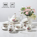 Sweejar Ceramic Teapot with Infuser, Floral Relief Gold Rimmed Teapot, 29 OZ Porcelain Tea Pot for Blooming and Loose Tea, Coffee...(Flower Style)