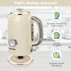 Electric Stainless Steel Tea Kettles1500W-1.7L-with Thermometer, Auto Shut-Off & Boil-Dry, Cool Touch Handle, BPA Free Kettle & Hot Water Kettle (Beige)