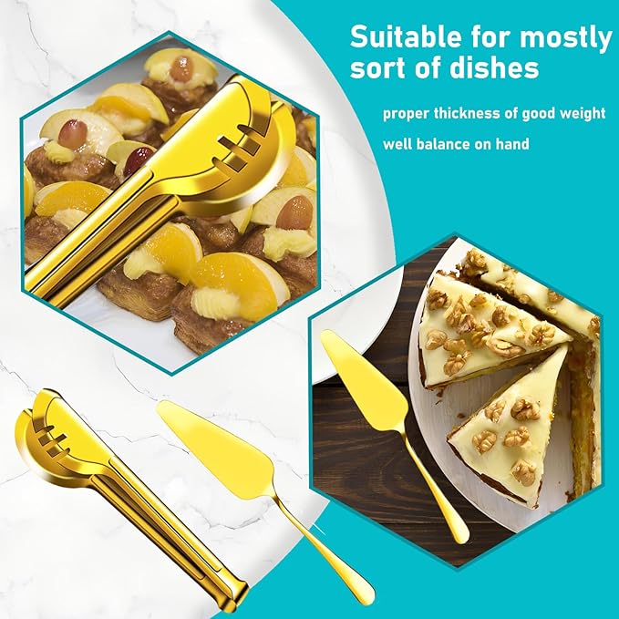 Serving Utensils, 15 Pcs Stainless Steel Large Flatware Serving Tools Kit, Included Spoons, Forks, Tongs, Slotted Spoon, Ladle, Cake Server for Kitchen Catering Banquet Wedding Buffet Party, Gold