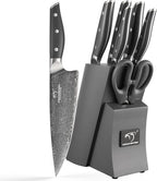 NF NANFANG BROTHERS Damascus Kitchen Knife Set, 7-Piece with Block, ABS Ergonomic Handle, Carving Fork, Disconnect-type Knife Block (Grey)