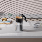 Moka Induction Stovetop Espresso Maker,Crystal Glass-top & Stainless Steel Espresso Moka Pot,Classic Italian coffee maker,240ml(6cup)