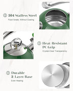 Harriet Tea Kettle Stovetop, 2.5 Quart Whistling Stainless Steel Tea Pot, 3-Layer Base, Unique Ergonomic Handle, Includes Pot Holder & Mat, Electric/Induction/Gas Stovetops Applicable, Green