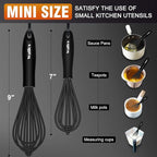 Walfos Silicone Whisk,7+9in Mini Whisk,BPA Free,Small Whisks for Non-Scratch,Heat Resistant (450°F) Nice for stirring individual eggs and mixing small amounts of powder and sauce.Dishwasher Safe.Black