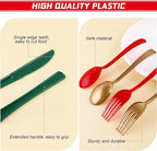 300 Pieces Christmas Plastic Silverware Heavy Duty Plastic Cutlery Set Heavyweight Disposable Flatware Includes Christmas Spoons Forks Knifes for Christmas New Year Party