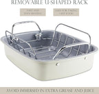 KITESSENSU Nonstick Turkey Roasting Pan with Rack 17 x 14 inch - Large Chicken Roaster Pan for Oven - Wider Handles & Heavy Duty Construction - Suitable for 24lb Turkey, Cream