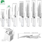 FULLHI 14pcs Block Knife Set, Chef's Knife Steak Knives Set with Block and Sharpener, Kitchen Knife Set, Multi-colour Handle, Gifts for Men Women