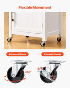 VEVOR Kitchen Island Cart with Single Door Cabinet, Mobile Carts with Drawer, Towel Rack, Hooks, Portable Table on Swivel Wheels, Small Coffee Islands Microwave Stand for Dining Room, 18x23 in, White