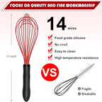 TEEVEA Silicone Whisk Non Scratch Wisking Tool, Metal Wire Stainless Steel Whisk - Small Mini Heat Resistant - Black & Red, 11-Inch