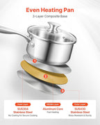 VEVOR 1.5 QT Saucepan with Steamer, Stainless Steel Saucepan with Glass Lid, Multipurpose Nonstick Stainless Steel Sauce Pot with Ergonomic Handle, Friendly for Oven, Dishwasher, Induction Cooker