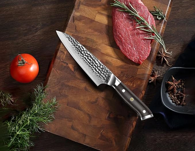 BRODARK Paring Knife, Damascus Utility Knife 5 inch, Japanese VG10 Steel Core Ultra Sharp Peeling Knife with Ebony Handle, Hand Made with Gift Box, Holiday Gifts
