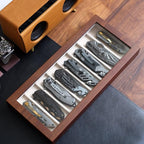 Knife Display Case Organizer storage 8 pocket knives, Folding Knife Holder with Real Glass Window Top， Pocket knife collection box for men gift (Walnut Veneer 8 slot)