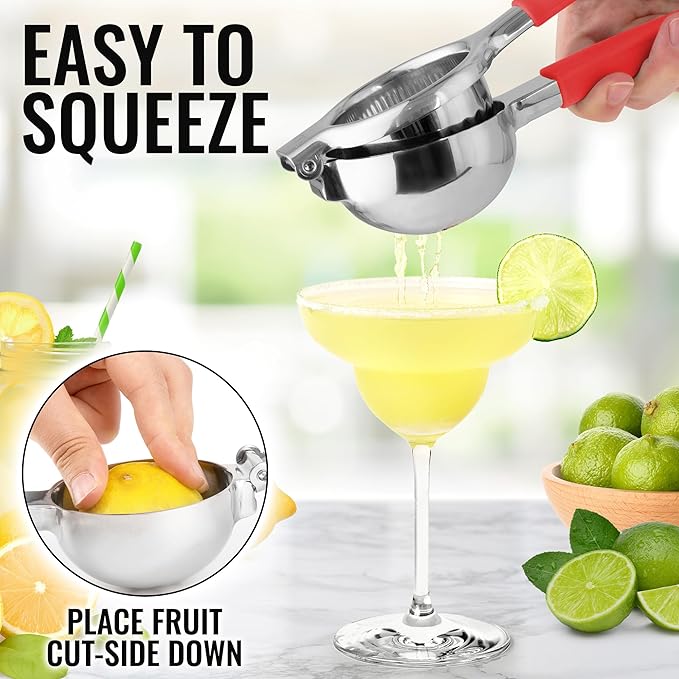 Zulay Lemon Squeezer Stainless Steel with Premium Heavy Duty Solid Metal Squeezer Bowl and Food Grade Silicone Handles - Large Manual Citrus Press Juicer and Lime Squeezer Stainless Steel (Red)