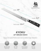 KYOKU 10" Serrated Bread Knife, Samurai Series Serrated Knife for Homemade Bread Pastries with Pakkawood Handle, Japanese High Carbon Steel Cake Knife, Full Tang Bread Cutting Knife with Sheath & Case