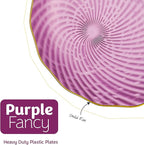 PLASTICPRO 30 Pack Plastic Set of 15-10 inch Plates and 15-7 inch Dishes Elegant Clear Purple Spiral and Gold Rim Disposable Fancy Plates Premium Heavyweight