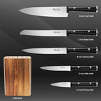Knife Set,6-Piece Kitchen Knife for Home Use, Sharp Knife Set with Natural Acacia Wood Knife Block, Germen Steel Wood Handle Kitchen Knife Block Set, Ergonomical Design ((Ink-black))