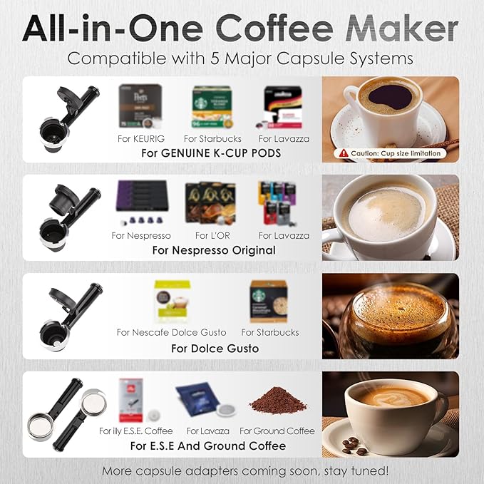 20-Bar Espresso Machine & Coffee Machine – Compatible with Nespresso, Keurig K Cup – Hot & Cold Brew, Milk Frother, Stainless Steel – 10 oz Espresso Cup - Latte Machine & Cappuccino Machine