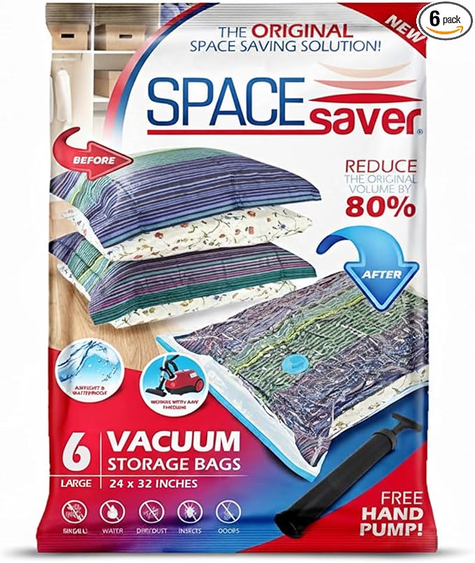 6 Pack Large Vacuum Storage Bags for Comforters, Blankets & Clothes – Vacuum Sealed Compression Bags with Hand Pump – Space Saver Storage Bags for Bedding, Moving, Travel & Organization