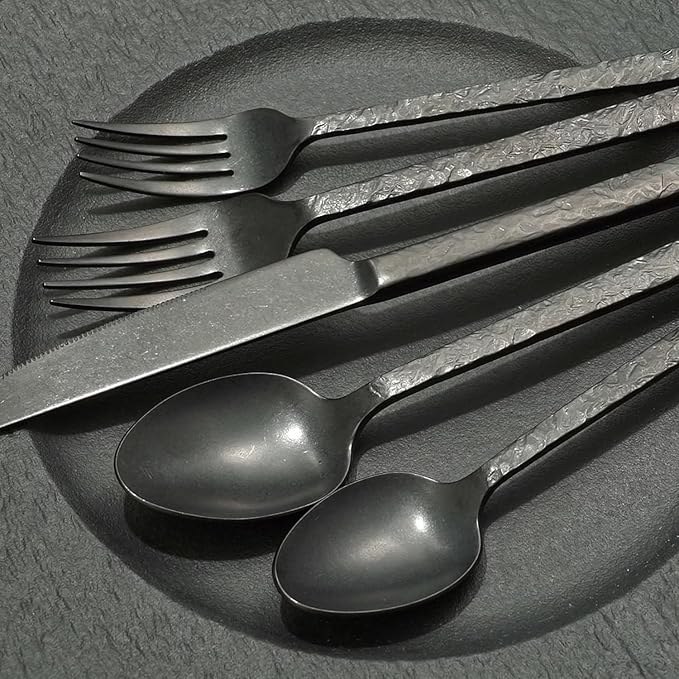 KINGSTONE 60 Pcs Black Hammered Silverware Set for 12, 18/10 Stainless Steel Heavy Duty Flatware Set, Tableware Cutlery Utensil Sets for Home Restaurant Dishwasher Safe