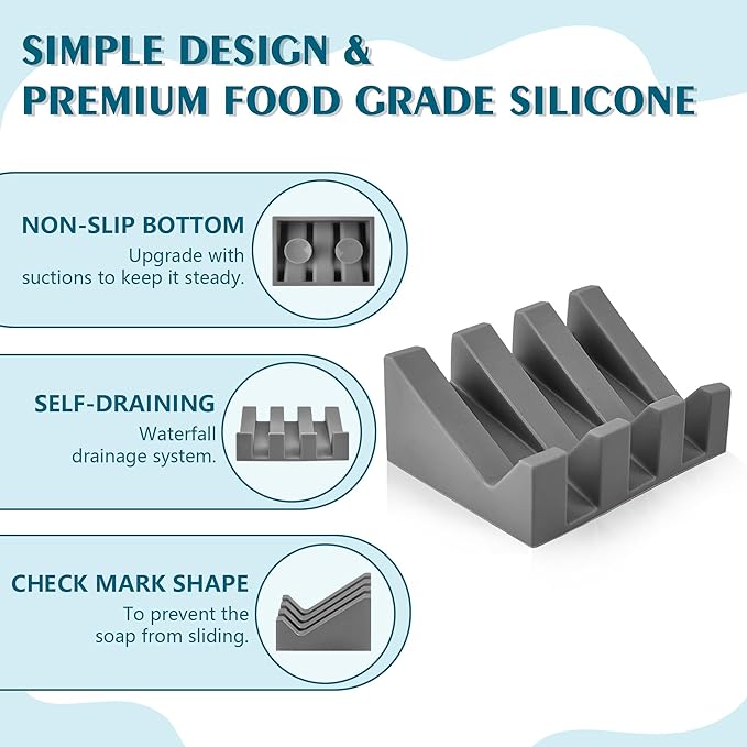 Self Draining Soap Dish,Silicone Suction Cup Soap Holder, Bathroom Soap Dish for Bar Soap,Can Extend Soap Life,Bathroom, Bath Tub, Kitchen Sink (2, Grey)