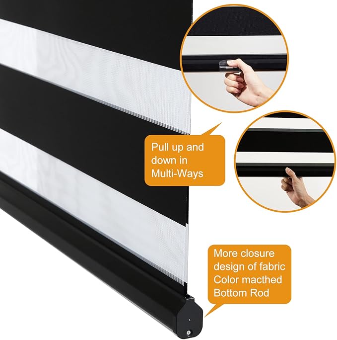 Persilux Cordless Zebra Blinds for Windows Free-Stop Roller Windows Shades (46" W X 72" H, Black) Dual Layer Light Control for Day and Night, Light Filtering Sheer Shades for Home, Easy to Install