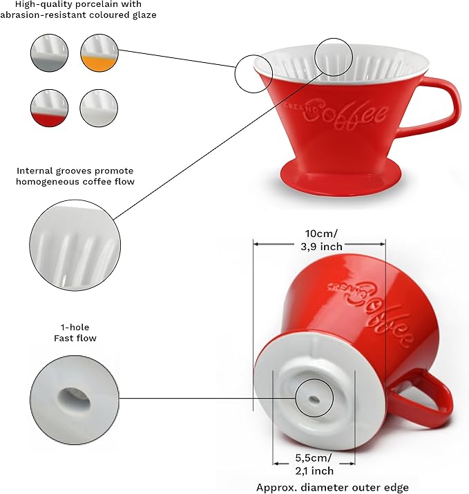 Creano Porcelain Coffee Dripper Stone Grey - Ceramic Cone Brewer - Pour Over Coffee Maker for Filter Bags Size 4 - Easy Manual Brew for pure taste - also for Camping, Hiking