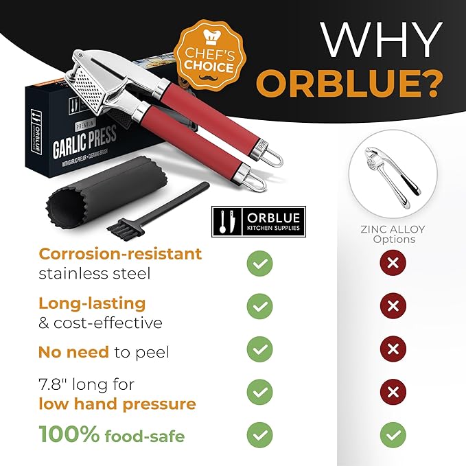 ORBLUE Garlic Press Stainless Steel - Premium Professional Grade Garlic Mincer, Crusher & Peeler Set - Easy Clean, Dishwasher Safe & Rust-proof, Red