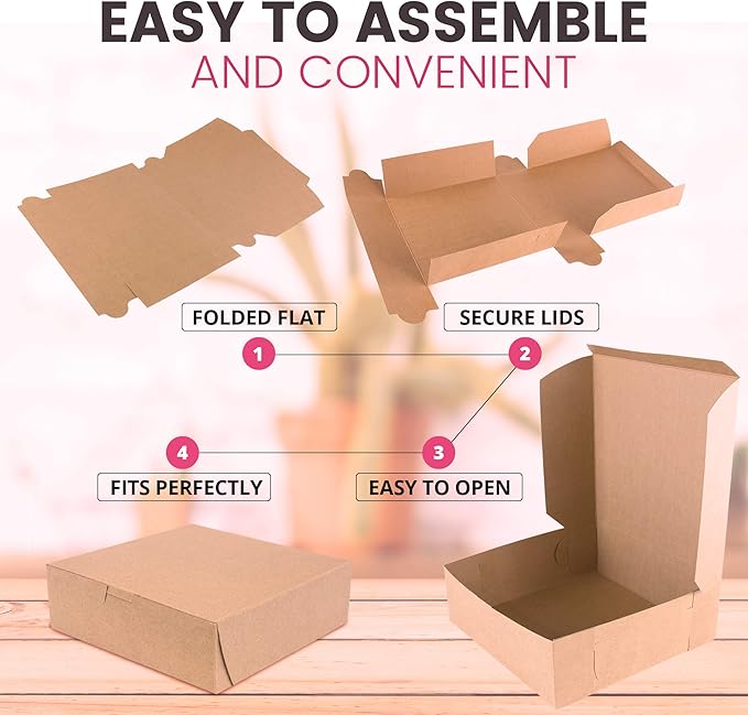 Fit Meal Prep 250 Pack Kraft Bakery Boxes - Brown Cardboard Pie & Dessert Boxes, 9x9x3 inches, for Cupcakes, Chocolates & Donuts