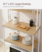 VASAGLE Coffee Bar, 31.5 Inches Baker's Rack for Kitchen with Storage, 6-Tier Kitchen Shelves with 6 Hooks, Microwave Stand, Industrial, Oak Colour and White UKKS019W09
