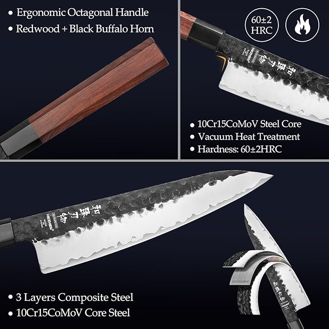 HEZHEN Knife Blocks Kitchen Knife Set, Chef Couteaux Set Kitchen Knives, Japanese Style Santoku Knife, Kitchen Scissors Acacia Wood Knife Block