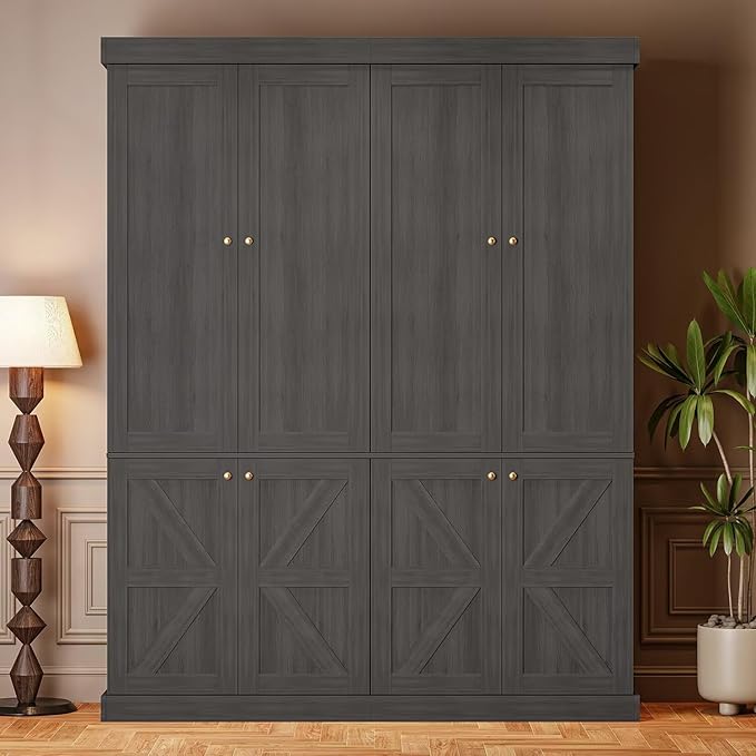 70.8" Tall Bookshelf with Doors, Farmhouse Modular Bookcase with 4-Tier Adjustable Shelves, Large Storage Cabinet for Home Office, Living Room, Black, Set of 3