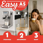 Gourmia Slim Espresso Machine – 20-Bar Pump, LCD Display, Milk Frother, Adjustable Temperature, Manual & Auto Brew for Single/Double Shots, 1350W, Stainless Steel