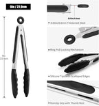 Doosu Kitchen Tongs for Cooking - 600°F Heat Resistant Food Tong with Non-Scratch Silicone Tips, Heavy Duty Stainless Steel Locking Tong for BBQ, Grilling Steak, Serving Salad, Pasta (9in, Black)
