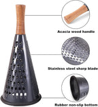 Cone Cheese Grater with Handle Stainless Steel Grater Triple Function Wood Handle Shredder Non-Slip Rubber Bottom Hand Held Multifunction Vegetables Grater Black 4-Size (Size M: 9.4" X 4.3" Black)
