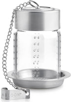 Teabloom Puresteep Glass Tea Infuser with Lid & Drip Tray – Borosilicate Glass Loose Leaf Steeper with Stainless Steel Chain – Non-Toxic – Small or Large Size