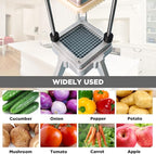 Upgrade Stainless Steel Vegetable Cutter: Ideal for potatoes, tomatoes, peppers, mushrooms.3 Replacement Blades (1/4", 3/8", 1/2") for various widths. Doubles cutting efficiency.