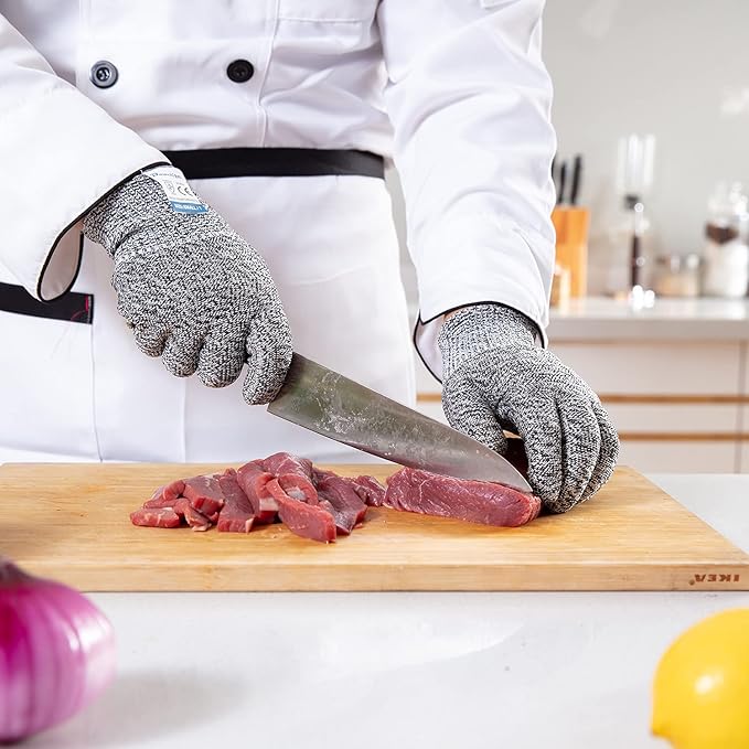 Dowellife 3 Pairs Cut Resistant Gloves Food Grade Level 5 Protection, Safety Kitchen Cuts Gloves for Mandolin Slicing, Fish Fillet, Oyster Shucking, Meat Cutting and Wood Carving (Black Gray, Large)