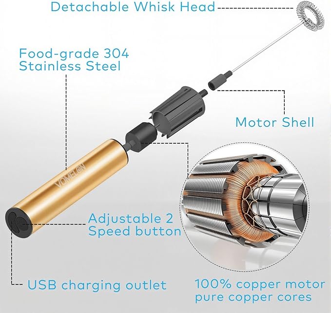 Rechargeable Electric Milk Frother Handheld,2-Speed Travel Frother with Tube Case, Milk Foamer Coffee Frother for Latte, Cappuccino, Drink Mixer with 2 Stainless Whisks and Charger Golden