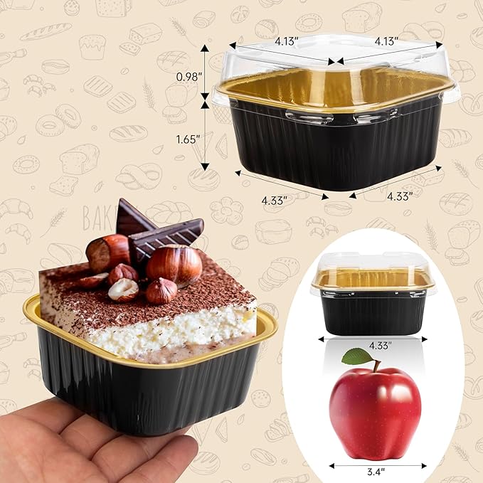 50 Pcs Mini Square Baking Cups with Lids,10oz Aluminum Foil Mini Cake Pans with Lids,Disposable Ramekins Cake Pans,300ml Dessert Cups Cupcake Pans for Wedding Birthday Party,Blackgold